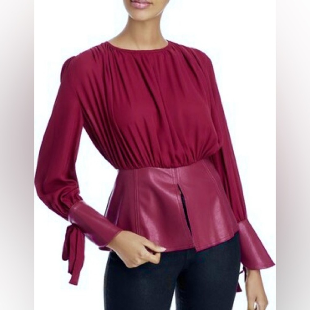 Gracia Gathered Peplum Blouse with Pleather Accents